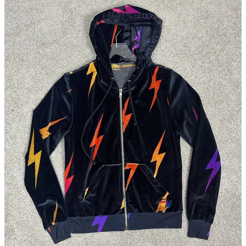 Aviator Nation Velvet Repeat Lightning Bolt Full Zip Hoodie Black Womens Size XS